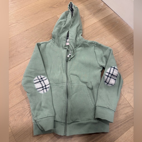 Excellent condition LaCoqueta safe green hoodie with plaid patch arms - Sz 10 - Picture 1 of 5